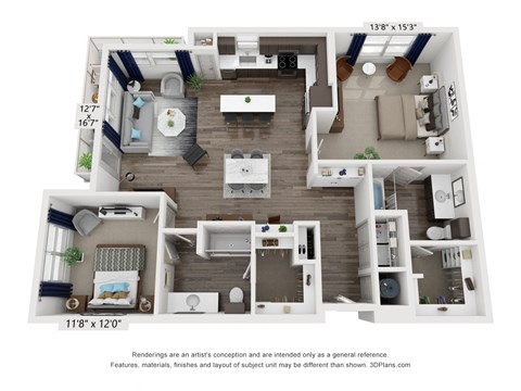 A 3D floor plan of a house with a living room, kitchen, and two bedrooms.